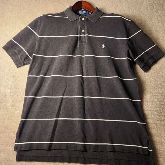 Polo Ralph Lauren Mens Large Black White Striped Short Sleeve Pique Polo Shirt - Picture 3 of 7